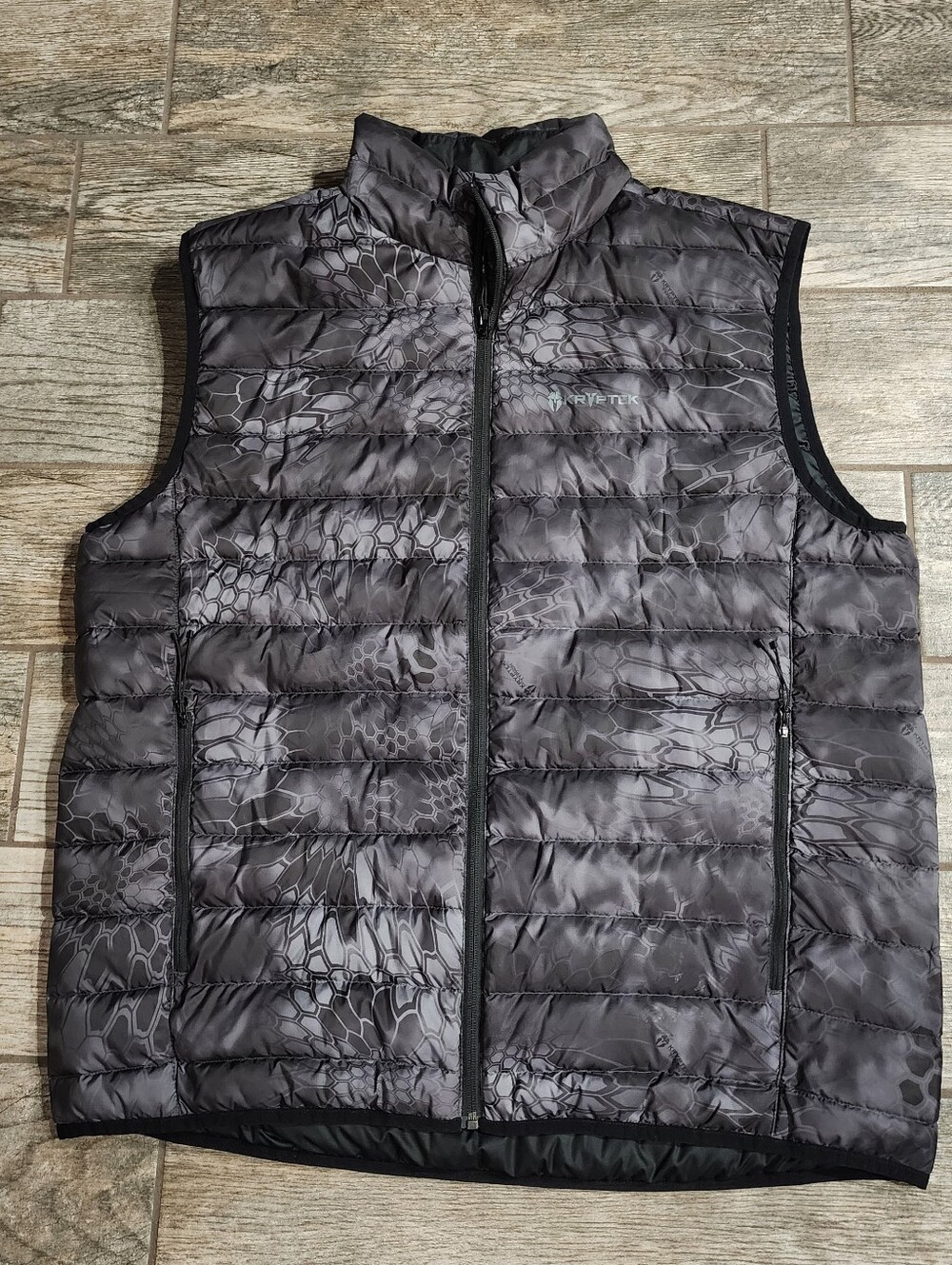 Kryptek Goose Down black & gray camouflage puffer vest. Size xxl